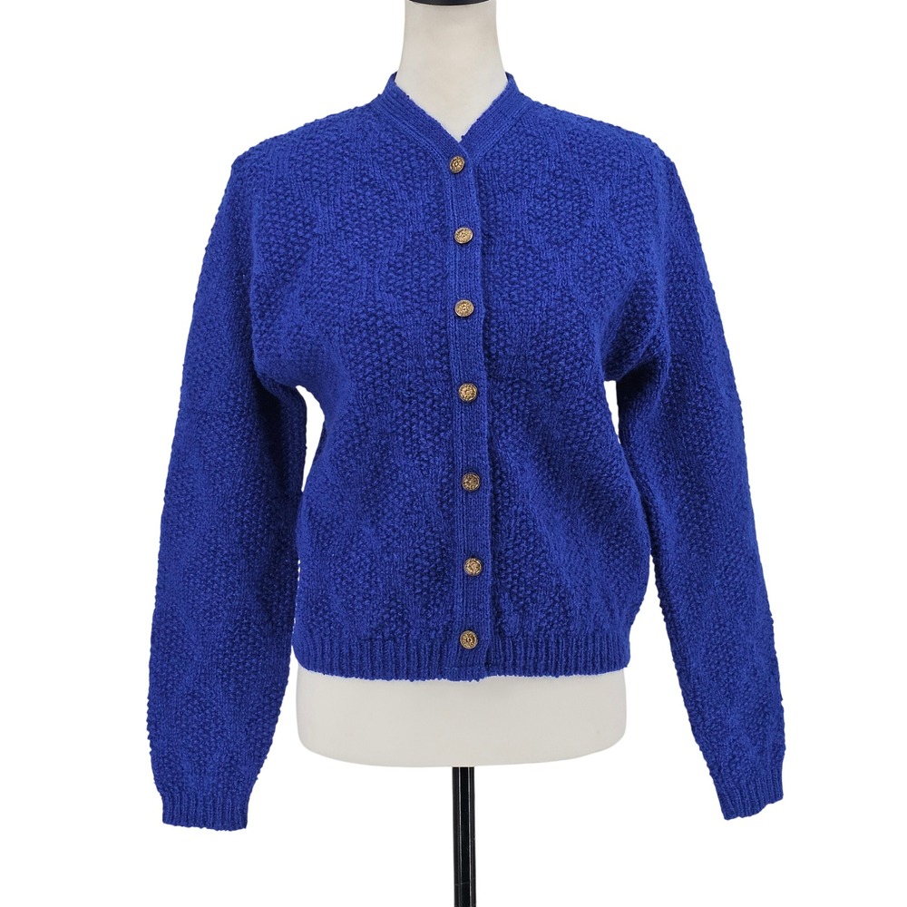 Vintage 70s Pendleton Virgin Wool Textured Knit Cardigan Sweater M Blue Cottage